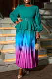Lake Green Casual Gradient Print Patchwork O Neck Lantern Sleeve Plus Size Pleated Maxi Dresses