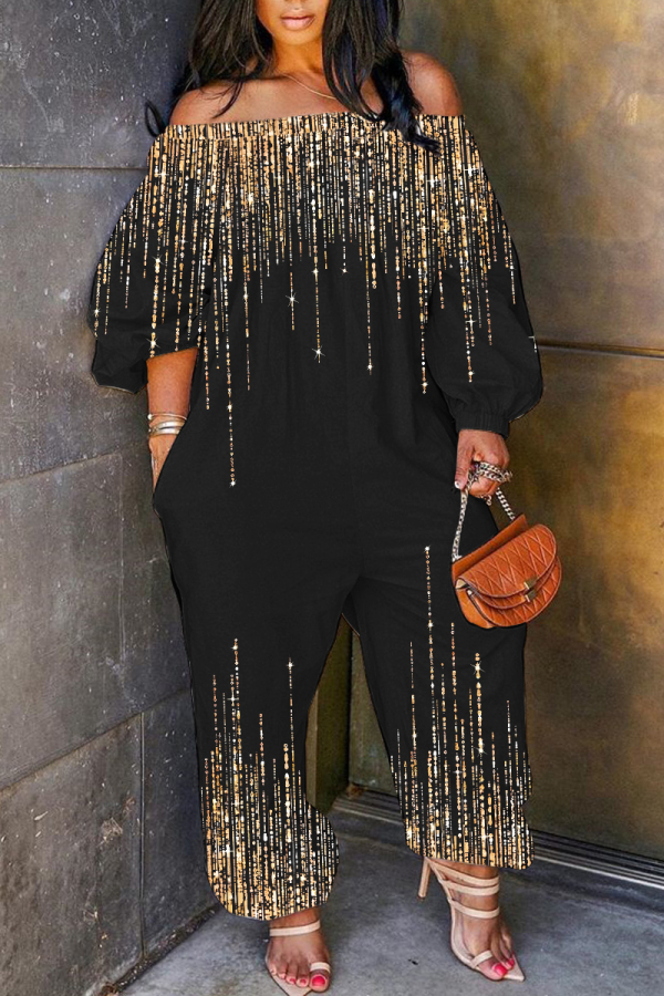 Black Glitter Casual Outing Graphics Print Off Shoulder Long Sleeve Vacation Loose Harem Jumpsuit