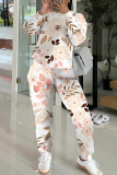 Gray purple Floral Print O Neck Long Sleeve Sweatshirt And Skinny Pants Sportwear Casual Two Pieces Tracksuit Sweatpants Set