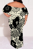 White Casual Plaid Floral Letters Print Off Shoulder Flutter Sleeve Long Loose Vacation Plus Size Maxi Dresses