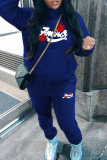 Blue Graphics Letter Print Hooded Long Sleeve Jackets and Sweatpants Sportwear Two Pieces Jogger Sets
