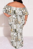 White Casual Plaid Floral Letters Print Off Shoulder Flutter Sleeve Long Loose Vacation Plus Size Maxi Dresses