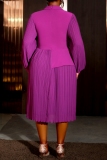 Purple Formal Evening Party Prom Wedding Guest Turndown Collar Long Sleeve Pleated Midi Dresses