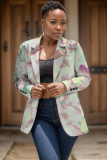 Army Green Formal Office Casual Graphic Boho Print Cardigan Turn-back Collar Long Sleeve Blazer Jackets
