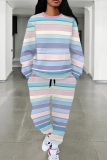 Orange Red Stripe Print O Neck Long Sleeve Sweatshirt And Skinny Pants Sportwear Casual Two Pieces Tracksuit Sweatpants Set