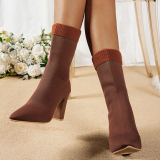 Brown Suede Women's Mid-Calf Sock Boots with High Heel