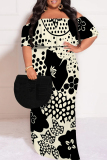 White Casual Plaid Floral Letters Print Off Shoulder Flutter Sleeve Long Loose Vacation Plus Size Maxi Dresses