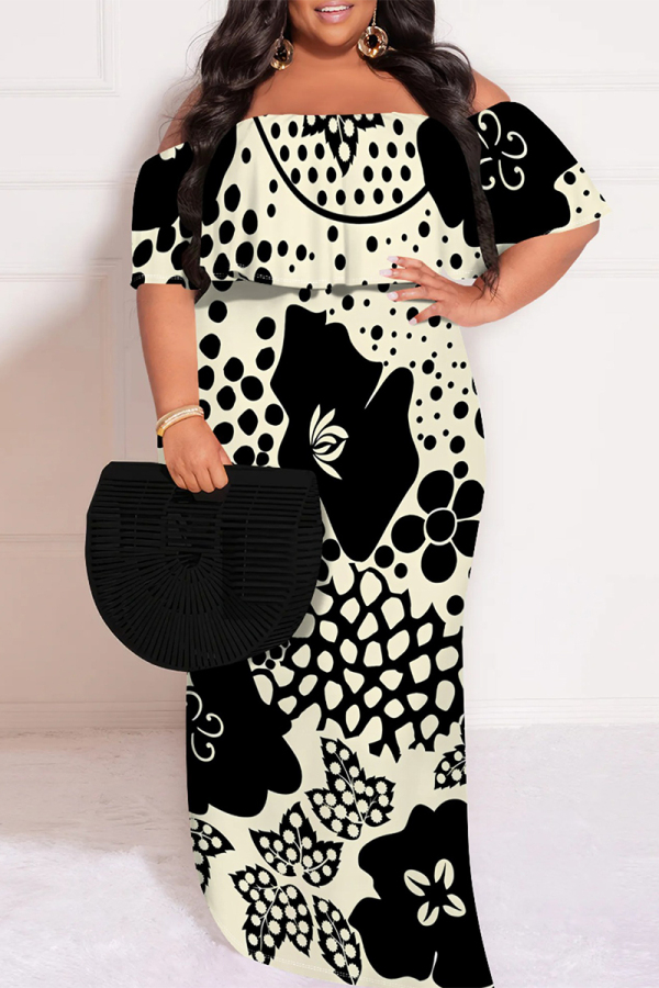 White Casual Plaid Floral Letters Print Off Shoulder Flutter Sleeve Long Loose Vacation Plus Size Maxi Dresses