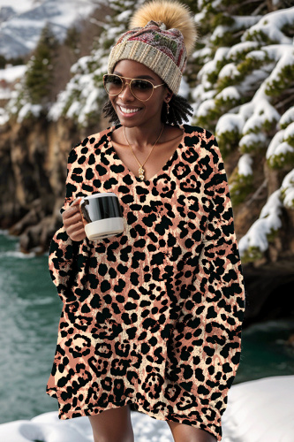 Light Red Casual Leopard V Neck Long Sleeve Oversize Knitted Sweater