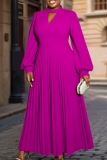 Rose Red Formal Office Crewneck with Cut-Outs Long Sleeve Plus Size Pleated Maxi Dresses