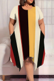 Black Yellow Casual Graphcis Print O Neck Short Sleeve Irregular Hem Plus Size Midi T-shirt Dresses