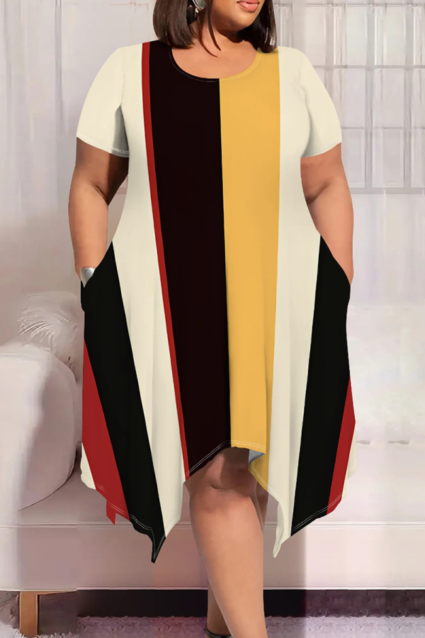 Black Yellow Casual Graphcis Print O Neck Short Sleeve Irregular Hem Plus Size Midi T-shirt Dresses