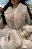 Black Patchwork Strap Design Cardigan Collar Long Sleeve Faux Fur Belted PU Leather Jackets