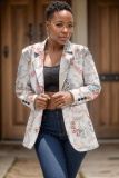 Army Green Formal Office Casual Graphic Boho Print Cardigan Turn-back Collar Long Sleeve Blazer Jackets