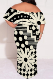 White Casual Plaid Floral Letters Print Off Shoulder Flutter Sleeve Long Loose Vacation Plus Size Maxi Dresses