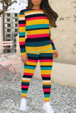 Orange Yellow Stripe Print O Neck Long Sleeve Sweatshirt And Skinny Pants Sportwear Casual Two Pieces Tracksuit Sweatpants Set