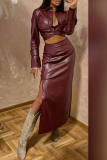 Claret Casual Buckle Ruched Turndown Collar Long Sleeve PU Leather Crop Tops And Side Slit Maxi Skirt Night Club Two Pieces Dress Sets