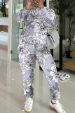 Gray purple Floral Print O Neck Long Sleeve Sweatshirt And Skinny Pants Sportwear Casual Two Pieces Tracksuit Sweatpants Set