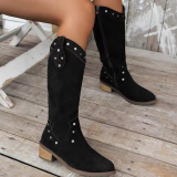 Green Suede Women's Mid-Calf Boots with Almond Toe and Decorative Strap