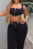 Black Casual Sportwear Sleeveless Hollow Out Cross Straps Zipper Collar Crop Tops And Skinny Pants Two Pieces Jogger Sets