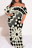 White Casual Plaid Floral Letters Print Off Shoulder Flutter Sleeve Long Loose Vacation Plus Size Maxi Dresses