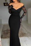 Black Lace Flower Print Patchwork Backless Off Shoulder Floor Length Long Formal Evening Party Prom Bodycon Maxi Dresses