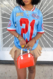 Blue Casual Outing Sportwear Digital Letter Print Patchwork V Neck Half Sleeve Oversize T-Shirts