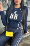 Navy Blue Casual Outing Digital Print Basic O Neck Long Sleeve Crop Tops