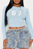 Navy Blue Casual Outing Digital Print Basic O Neck Long Sleeve Crop Tops