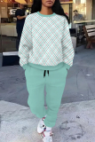 Light Khaki Casual Plaid Ombre Print Pocket Lace Up O Neck Long Sleeve Sweatshirt And Pants Sportwear Two Pieces Jogger Sets