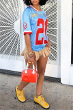 Blue Casual Outing Sportwear Digital Letter Print Patchwork V Neck Half Sleeve Oversize T-Shirts