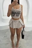 Khaki Casual Outing Sportwear Hot Digital Letter Print U Neck Sleeveless Tank Crop Tops And Pleated Mini Skirt Two Pieces Dress Sets