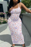 Light Pink Floral Print Sleeveless Backless Spaghetti Strap Casual Outing Vacation Bodycon Cami Maxi Dress
