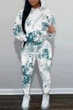 Green Floral Print Long Sleeve Hoodies and Pencil Sweatpants Sportwear Casual Fall Winter Two Pieces Tracksuit Sets