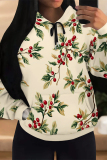 Apricot Casual Fruit Print Long Sleeve Draw String Pocket Fall Winter Hooded Sweatshirt