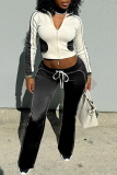 Black Casual Sportwear Draw String Patchwork Zipper Collar Long Sleeve Crop Jackets And Sweatpants Two Pieces Jogger Sets