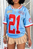 Blue Casual Outing Sportwear Digital Letter Print Patchwork V Neck Half Sleeve Oversize T-Shirts