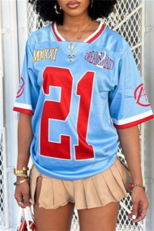 Blue Casual Outing Sportwear Digital Letter Print Patchwork V Neck Half Sleeve Oversize T-Shirts