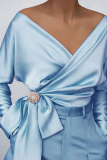 Apricot Formal Office V Neck Long Sleeve Champagne Satin Wrap Blouse Off-Shoulder Design And Waist Bow