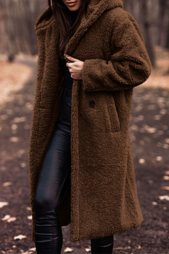 Brown Street Pocket Hooded Collar Long Sleeve Fall Winter Longline Woolen Coat