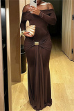 Brown Formal Evening Party Prom Casual Off Shoulder Long Sleeve Front Knotted Long Bodycon Maxi Dresses