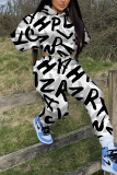 Beige Casual Sportwear Graphcis Letter Print Draw String Pocket Long Sleeve Hooded Sweatshirt And Pants Two Pieces Jogger Sets