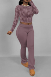Purple Casual Plaid Stripe Gradient Print O Neck Long Sleeve Crop Tops And Sweatpants Sportwear Two Pieces Jogger Sets