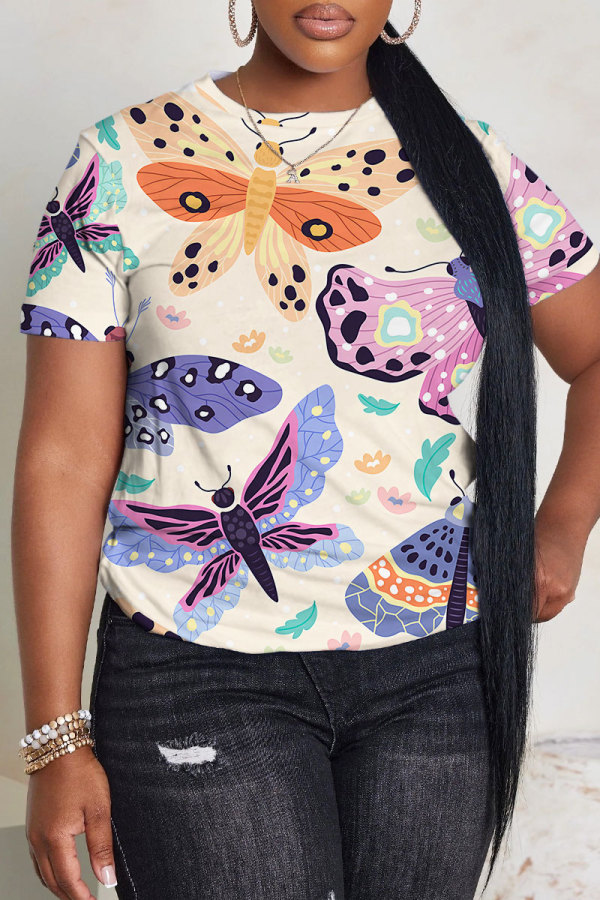 Multicolor Casual Outing Butterfly Print O Neck Short Sleeve Oversize T-Shirts