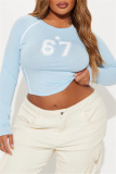 Navy Blue Casual Outing Digital Print Basic O Neck Long Sleeve Crop Tops