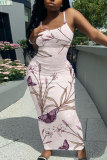Light Pink Floral Print Sleeveless Backless Spaghetti Strap Casual Outing Vacation Bodycon Cami Maxi Dress