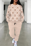 Light Khaki Casual Plaid Ombre Print Pocket Lace Up O Neck Long Sleeve Sweatshirt And Pants Sportwear Two Pieces Jogger Sets