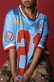 Blue Casual Outing Sportwear Digital Letter Print Patchwork V Neck Half Sleeve Oversize T-Shirts