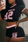 Black Casual Digital Letter Print Patchwork O Neck Short Sleeve Crop T-shirt And Shorts Two Pieces Shorts Sets