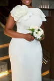 White Formal Evening Party Prom Wedding Guest 3D Flowers Decor O Neck Slit One Step Skirt Bodycon Maxi Dresses